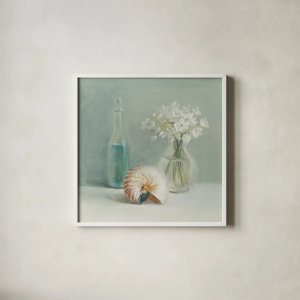 White Flower Spa by Danhui Nai. Shown in a crisp white glass frame for a clean and minimalist style. Available as an archival giclee rolled canvas, fine art paper, or poster print. SKU 5599a.