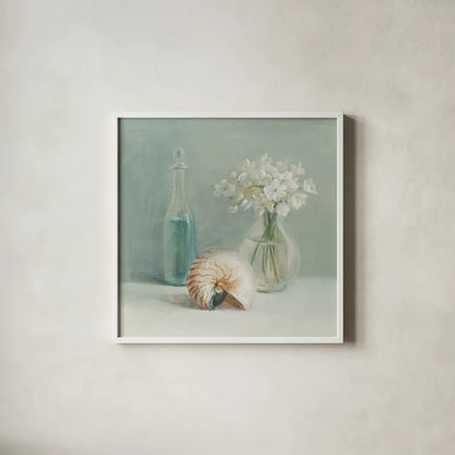 White Flower Spa by Danhui Nai. Shown in a crisp white glass frame for a clean and minimalist style. Available as an archival giclee rolled canvas, fine art paper, or poster print. SKU 5599a.