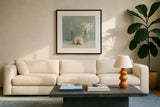 White Flower Spa by Danhui Nai. Displayed in a glass frame with matte in a clean modern living room. Available as an archival giclee rolled canvas, fine art paper, or poster print. SKU 5599a.