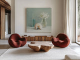 White Flower Spa by Danhui Nai. Shown as extra-large giant wall art in a modern living room. Available as an archival giclee rolled canvas, fine art paper, or poster print. SKU 5599a.