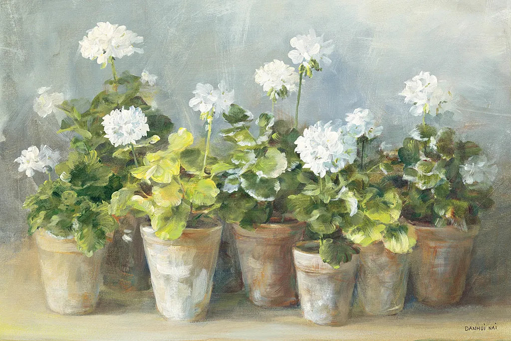White Geraniums by Danhui Nai. SKU 13244i. Archival Giclee Fine art print for wall decor.