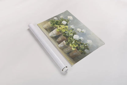 White Geraniums by Danhui Nai. shown as a rolled paper print. Available as archival giclee rolled canvas, fine art paper, or poster print. SKU 13244i.