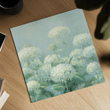 White Hydrangea Garden Sage Crop by Danhui Nai. Shown as a detailed flat fine art print, highlighting archival giclee quality. Available as an archival giclee rolled canvas, fine art paper, or poster print. SKU 48393a.