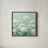 White Hydrangea Garden Sage Crop by Danhui Nai. Shown in a sleek black glass frame for a contemporary gallery look. Available as an archival giclee rolled canvas, fine art paper, or poster print. SKU 48393a.