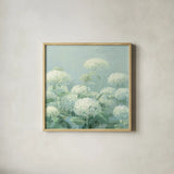 White Hydrangea Garden Sage Crop by Danhui Nai. Shown in a natural wood glass frame for a timeless modern aesthetic. Available as an archival giclee rolled canvas, fine art paper, or poster print. SKU 48393a.
