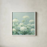 White Hydrangea Garden Sage Crop by Danhui Nai. Shown in a crisp white glass frame for a clean and minimalist style. Available as an archival giclee rolled canvas, fine art paper, or poster print. SKU 48393a.