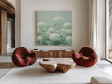 White Hydrangea Garden Sage Crop by Danhui Nai. Shown as extra-large giant wall art in a modern living room. Available as an archival giclee rolled canvas, fine art paper, or poster print. SKU 48393a.