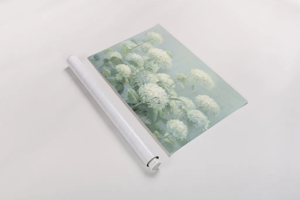 White Hydrangea Garden Sage Crop by Danhui Nai. shown as a rolled paper print. Available as archival giclee rolled canvas, fine art paper, or poster print. SKU 48393i.
