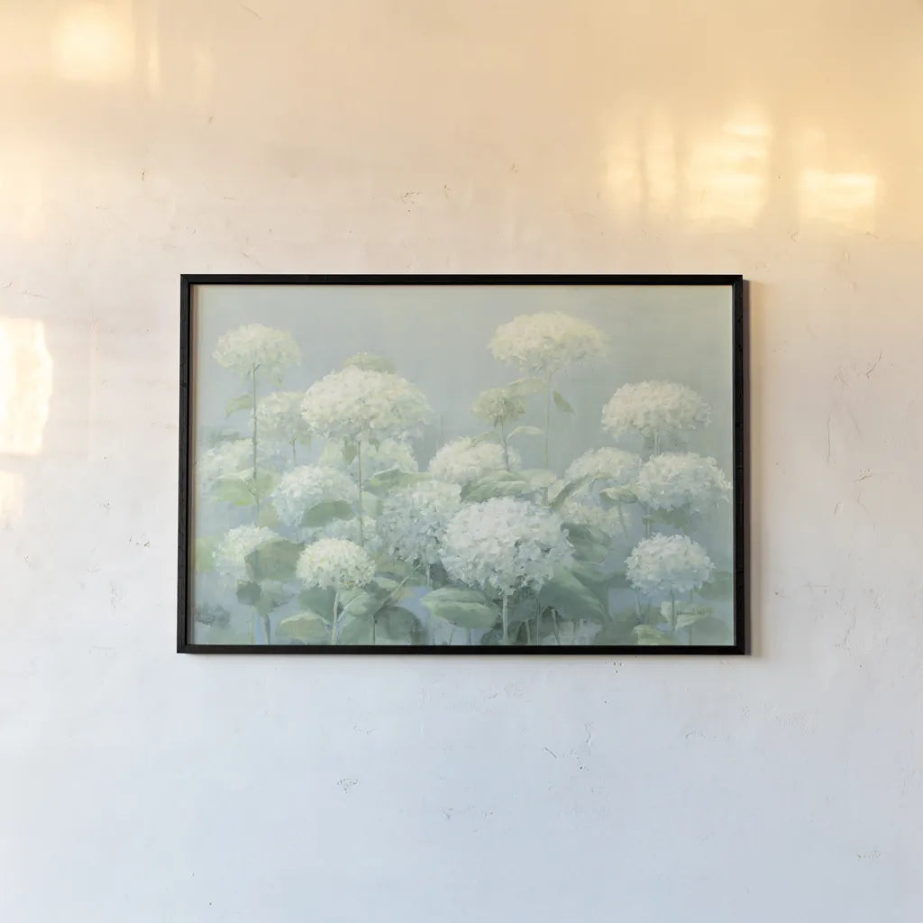 White Hydrangea Garden Sage Crop by Danhui Nai. shown as a paper print in a black flame. Available as a archival giclee rolled canvas, fine art paper, or poster print. SKU 48393i.