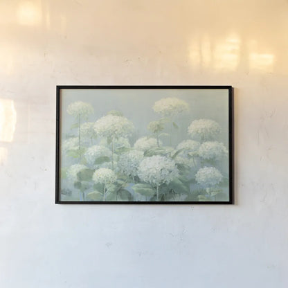 White Hydrangea Garden Sage Crop by Danhui Nai. shown as a paper print in a black flame. Available as a archival giclee rolled canvas, fine art paper, or poster print. SKU 48393i.
