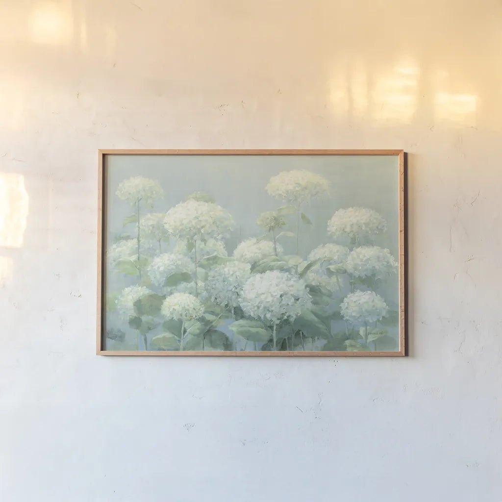 White Hydrangea Garden Sage Crop by Danhui Nai. shown as a paper print in a natural frame. Available as a archival giclee rolled canvas, fine art paper, or poster print. SKU 48393i.