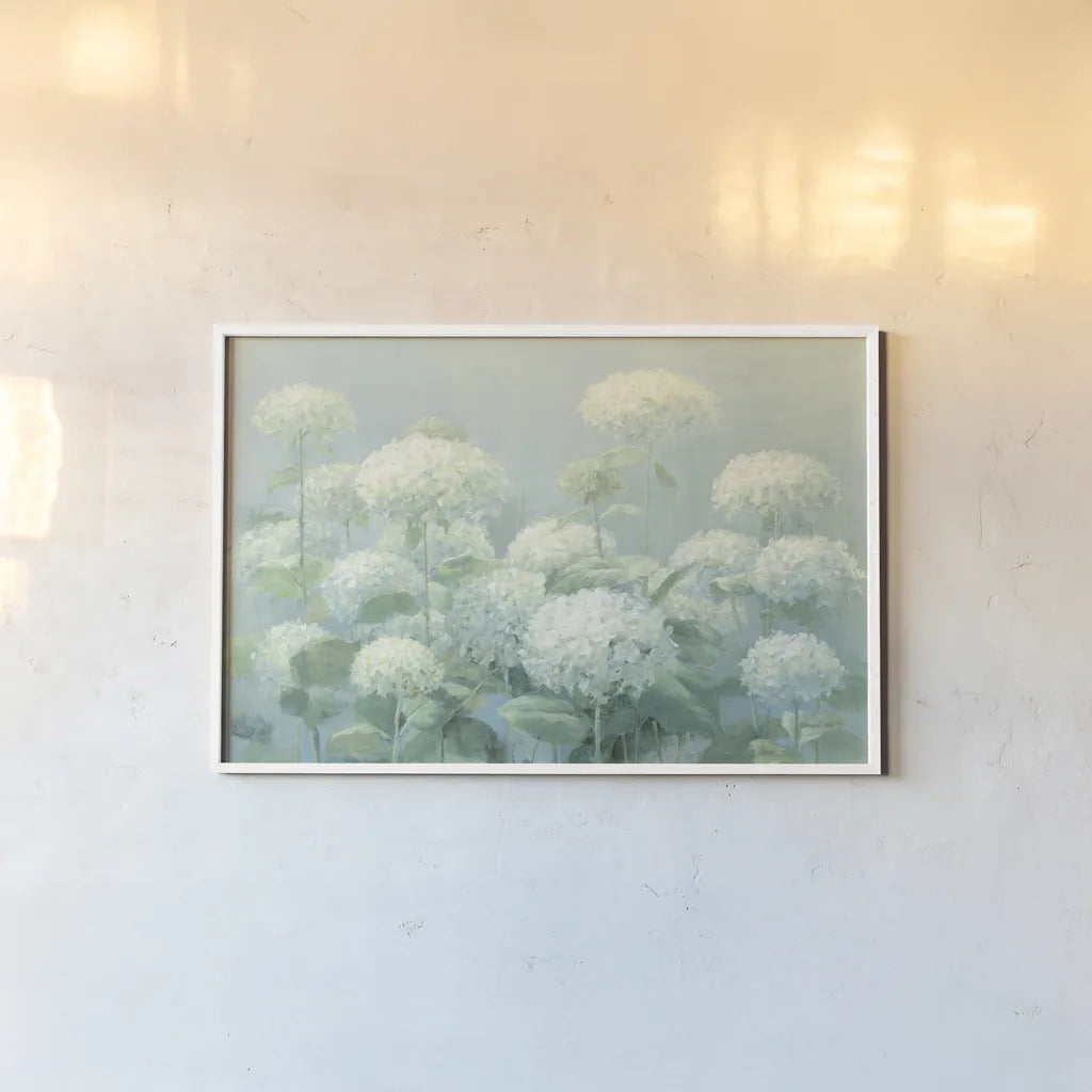 White Hydrangea Garden Sage Crop by Danhui Nai. shown as a paper print in a white frame. Available as a archival giclee rolled canvas, fine art paper, or poster print. SKU 48393i.
