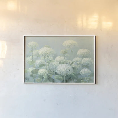 White Hydrangea Garden Sage Crop by Danhui Nai. shown as a paper print in a white frame. Available as a archival giclee rolled canvas, fine art paper, or poster print. SKU 48393i.