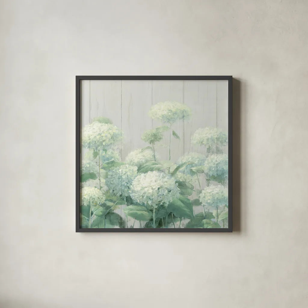 White Hydrangea Garden Sage on Wood Crop by Danhui Nai. Shown in a sleek black glass frame for a contemporary gallery look. Available as an archival giclee rolled canvas, fine art paper, or poster print. SKU 48404a.