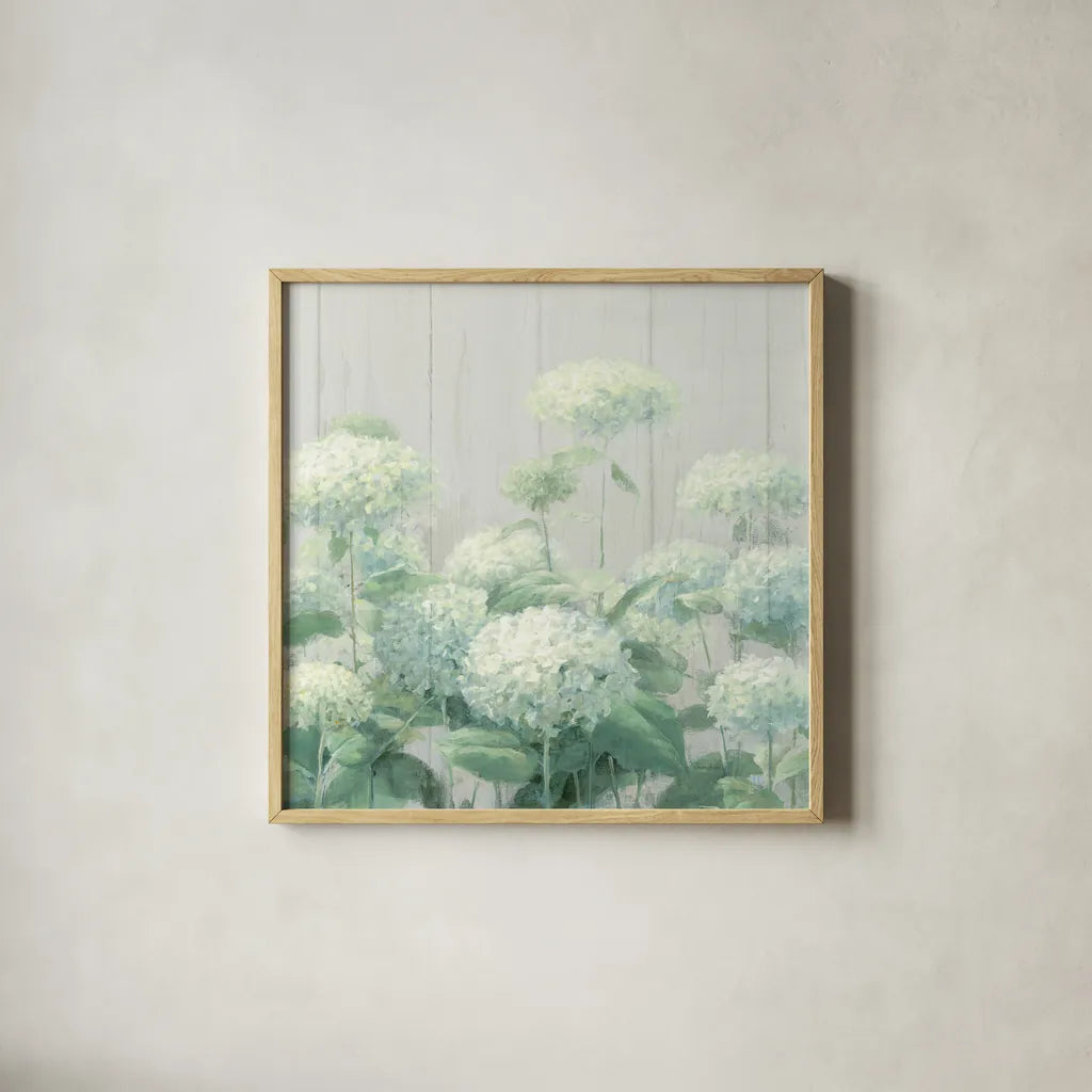 White Hydrangea Garden Sage on Wood Crop by Danhui Nai. Shown in a natural wood glass frame for a timeless modern aesthetic. Available as an archival giclee rolled canvas, fine art paper, or poster print. SKU 48404a.