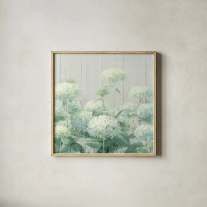 White Hydrangea Garden Sage on Wood Crop by Danhui Nai. Shown in a natural wood glass frame for a timeless modern aesthetic. Available as an archival giclee rolled canvas, fine art paper, or poster print. SKU 48404a.