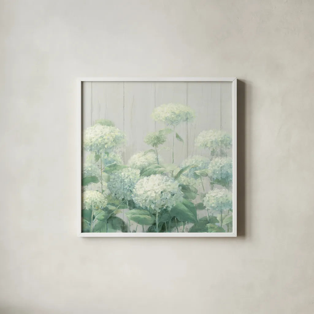 White Hydrangea Garden Sage on Wood Crop by Danhui Nai. Shown in a crisp white glass frame for a clean and minimalist style. Available as an archival giclee rolled canvas, fine art paper, or poster print. SKU 48404a.