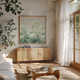 White Hydrangea Garden Sage on Wood Crop by Danhui Nai. Shown in a natural wood frame in a cozy modern living room. Available as an archival giclee rolled canvas, fine art paper, or poster print. SKU 48404a.