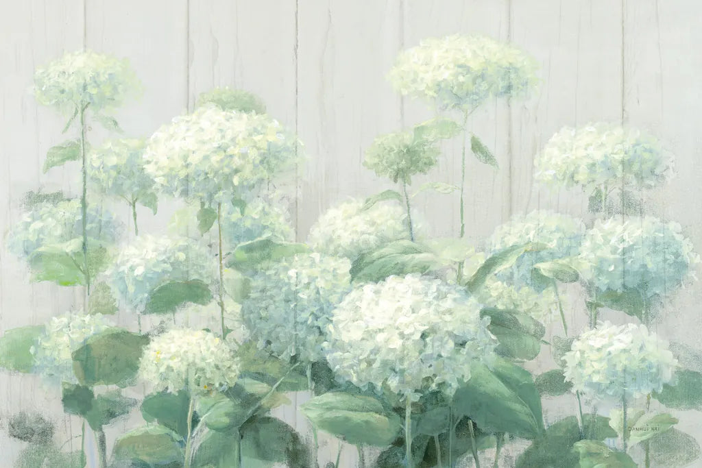 White Hydrangea Garden Sage on Wood Crop by Danhui Nai. SKU 48404i. Archival Giclee Fine art print for wall decor.