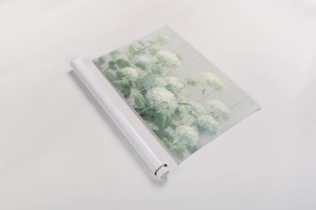 White Hydrangea Garden Sage on Wood Crop by Danhui Nai. shown as a rolled paper print. Available as archival giclee rolled canvas, fine art paper, or poster print. SKU 48404i.