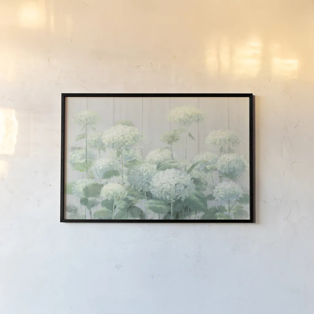 White Hydrangea Garden Sage on Wood Crop by Danhui Nai. shown as a paper print in a black flame. Available as a archival giclee rolled canvas, fine art paper, or poster print. SKU 48404i.
