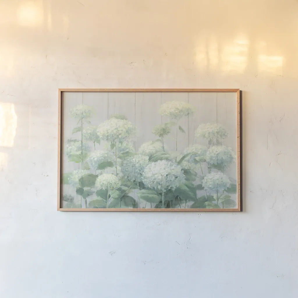White Hydrangea Garden Sage on Wood Crop by Danhui Nai. shown as a paper print in a natural frame. Available as a archival giclee rolled canvas, fine art paper, or poster print. SKU 48404i.