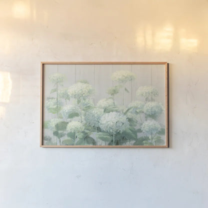 White Hydrangea Garden Sage on Wood Crop by Danhui Nai. shown as a paper print in a natural frame. Available as a archival giclee rolled canvas, fine art paper, or poster print. SKU 48404i.