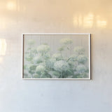 White Hydrangea Garden Sage on Wood Crop by Danhui Nai. shown as a paper print in a white frame. Available as a archival giclee rolled canvas, fine art paper, or poster print. SKU 48404i.
