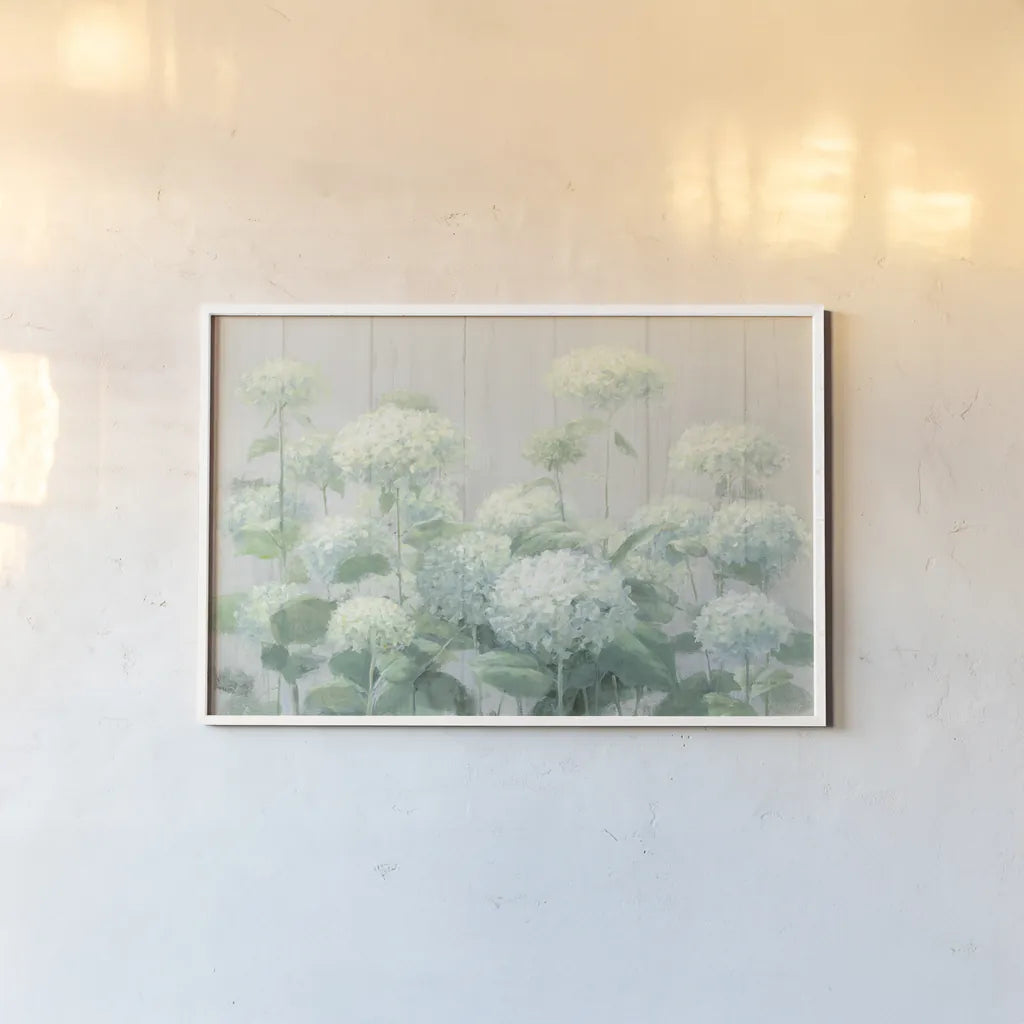 White Hydrangea Garden Sage on Wood Crop by Danhui Nai. shown as a paper print in a white frame. Available as a archival giclee rolled canvas, fine art paper, or poster print. SKU 48404i.