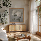 White Hydrangeas by Danhui Nai. Shown in a natural wood frame in a cozy modern living room. Available as an archival giclee rolled canvas, fine art paper, or poster print. SKU 91400a.