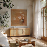 White Magnolia by Danhui Nai. Shown in a natural wood frame in a cozy modern living room. Available as an archival giclee rolled canvas, fine art paper, or poster print. SKU 5428a.