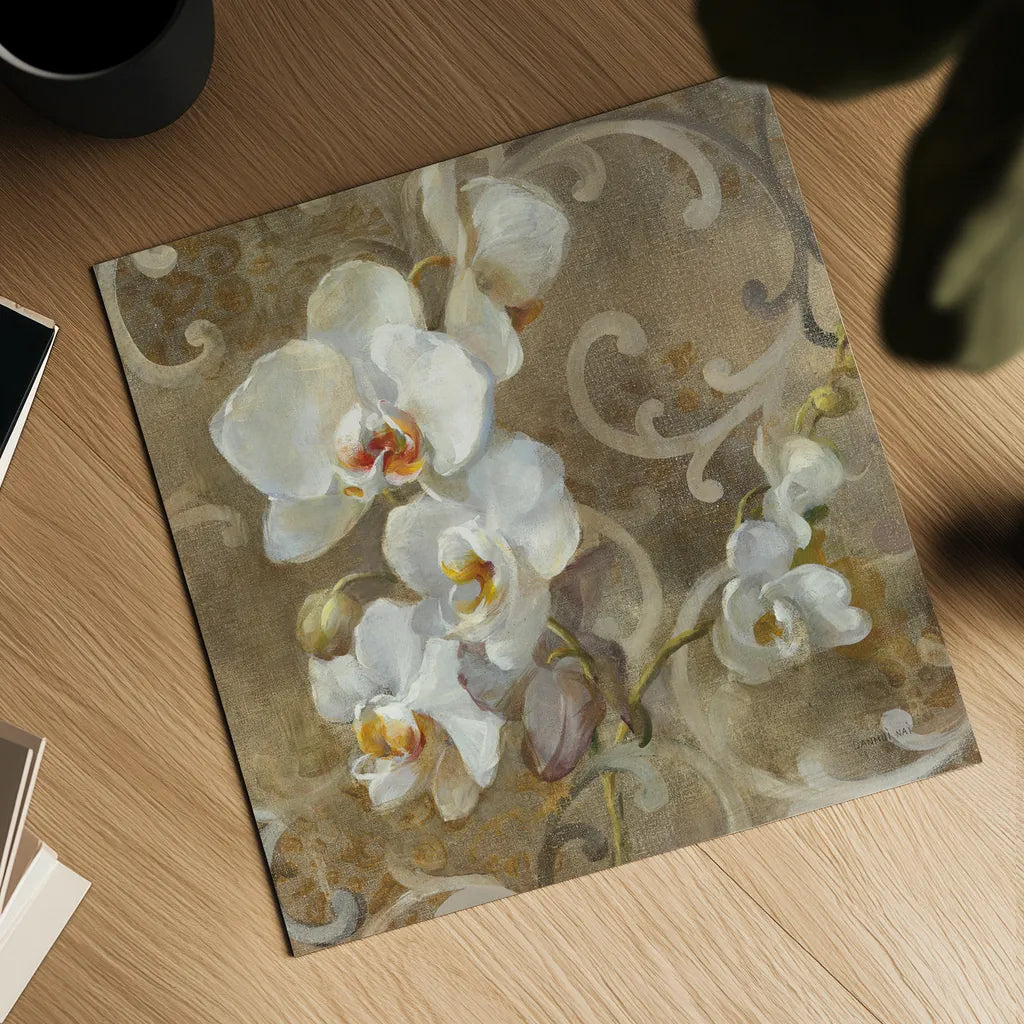 White Orchid by Danhui Nai. Shown as a detailed flat fine art print, highlighting archival giclee quality. Available as an archival giclee rolled canvas, fine art paper, or poster print. SKU 93200a.