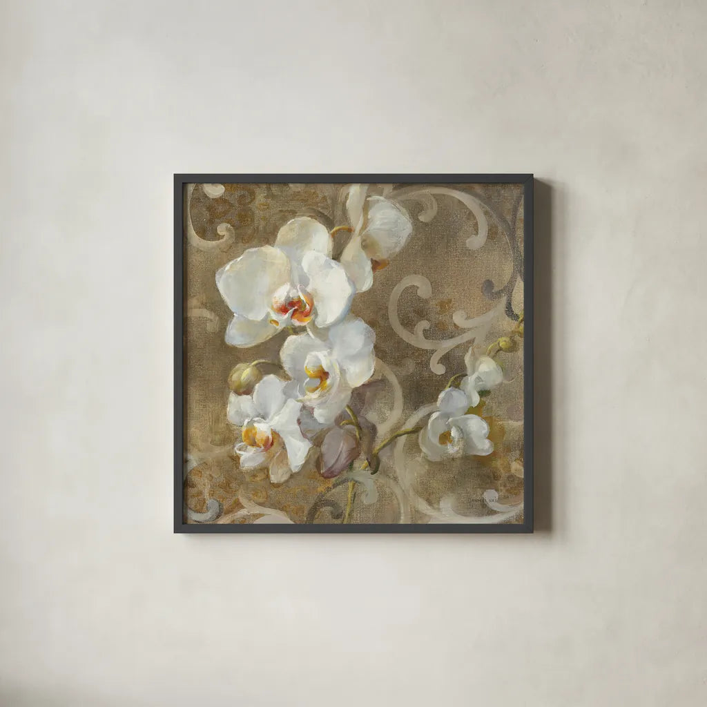 White Orchid by Danhui Nai. Shown in a sleek black glass frame for a contemporary gallery look. Available as an archival giclee rolled canvas, fine art paper, or poster print. SKU 93200a.