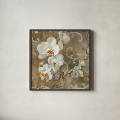 White Orchid by Danhui Nai. Shown in a sleek black glass frame for a contemporary gallery look. Available as an archival giclee rolled canvas, fine art paper, or poster print. SKU 93200a.