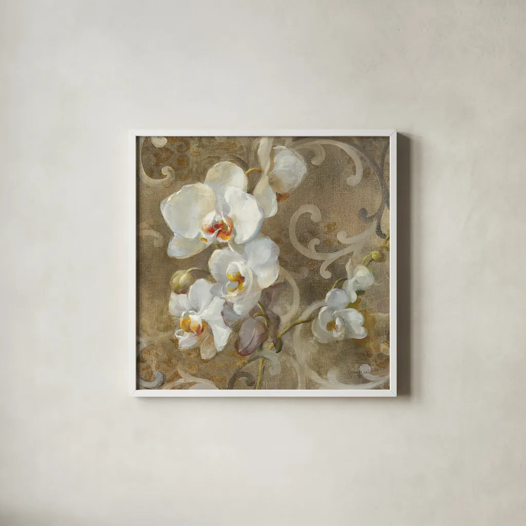 White Orchid by Danhui Nai. Shown in a crisp white glass frame for a clean and minimalist style. Available as an archival giclee rolled canvas, fine art paper, or poster print. SKU 93200a.