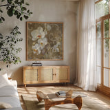 White Orchid by Danhui Nai. Shown in a natural wood frame in a cozy modern living room. Available as an archival giclee rolled canvas, fine art paper, or poster print. SKU 93200a.
