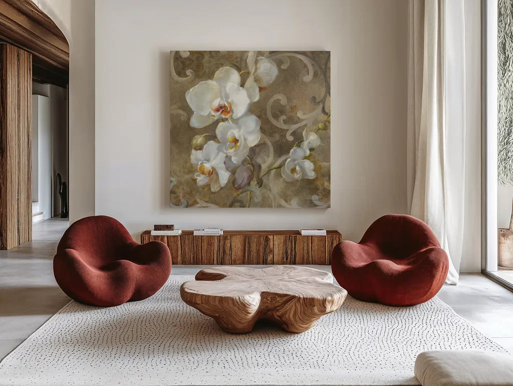 White Orchid by Danhui Nai. Shown as extra-large giant wall art in a modern living room. Available as an archival giclee rolled canvas, fine art paper, or poster print. SKU 93200a.