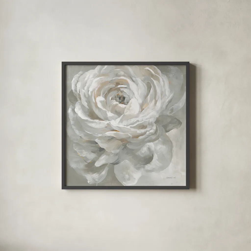 White Rose by Danhui Nai. Shown in a sleek black glass frame for a contemporary gallery look. Available as an archival giclee rolled canvas, fine art paper, or poster print. SKU 75855a.
