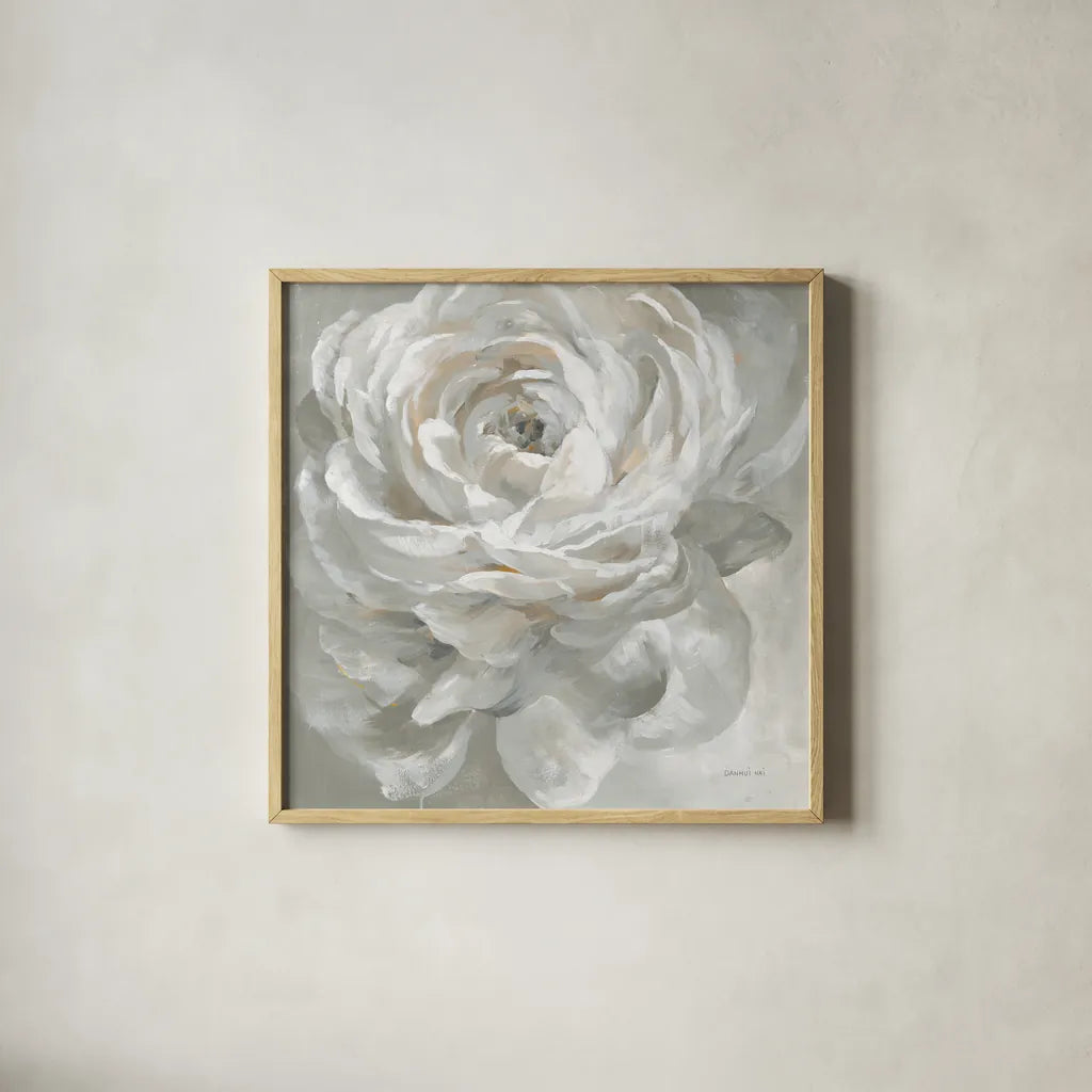 White Rose by Danhui Nai. Shown in a natural wood glass frame for a timeless modern aesthetic. Available as an archival giclee rolled canvas, fine art paper, or poster print. SKU 75855a.