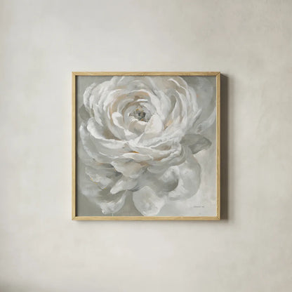 White Rose by Danhui Nai. Shown in a natural wood glass frame for a timeless modern aesthetic. Available as an archival giclee rolled canvas, fine art paper, or poster print. SKU 75855a.