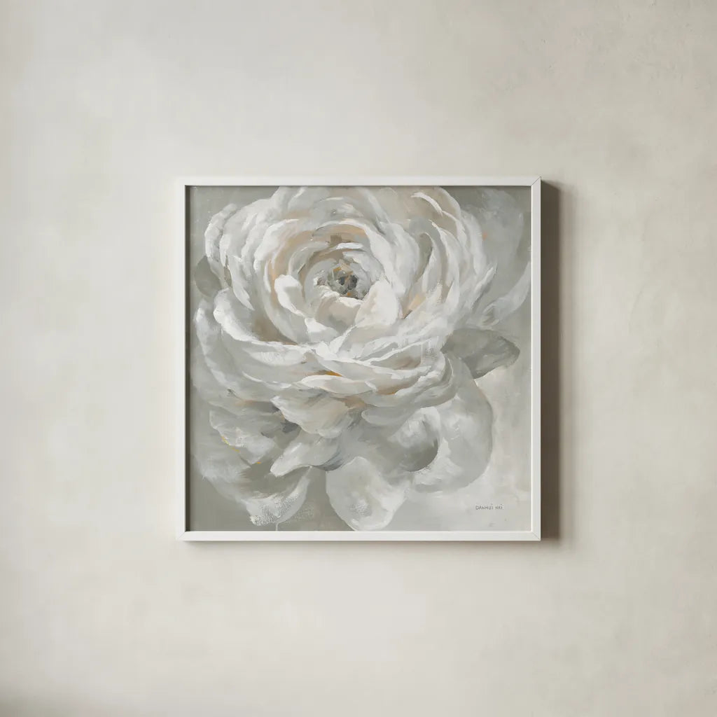 White Rose by Danhui Nai. Shown in a crisp white glass frame for a clean and minimalist style. Available as an archival giclee rolled canvas, fine art paper, or poster print. SKU 75855a.