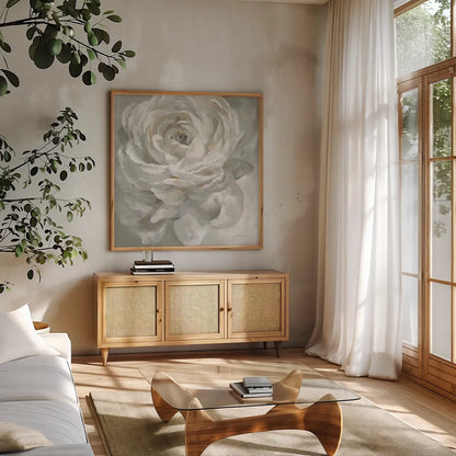White Rose by Danhui Nai. Shown in a natural wood frame in a cozy modern living room. Available as an archival giclee rolled canvas, fine art paper, or poster print. SKU 75855a.