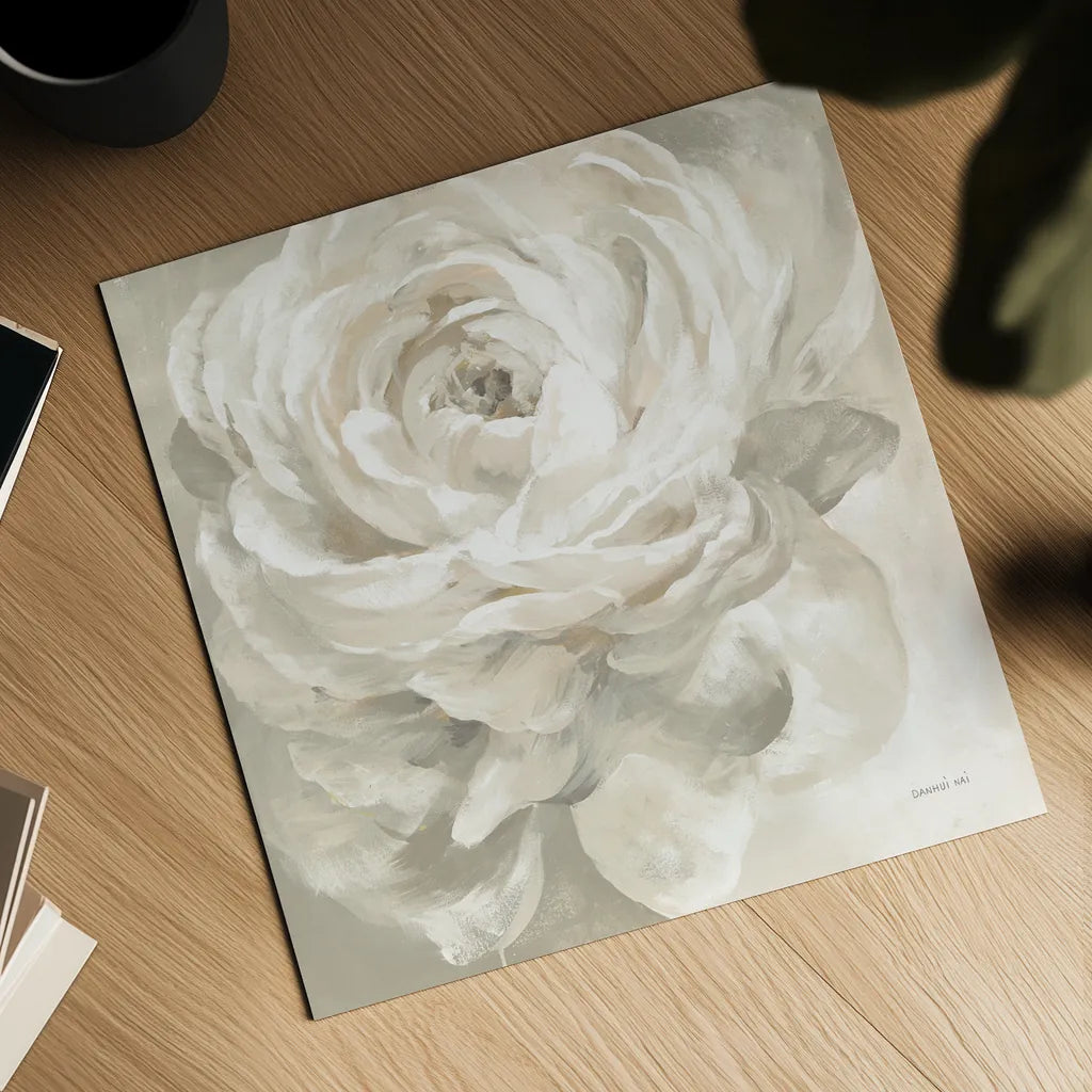 White Rose Gray by Danhui Nai. Shown as a detailed flat fine art print, highlighting archival giclee quality. Available as an archival giclee rolled canvas, fine art paper, or poster print. SKU 77170a.