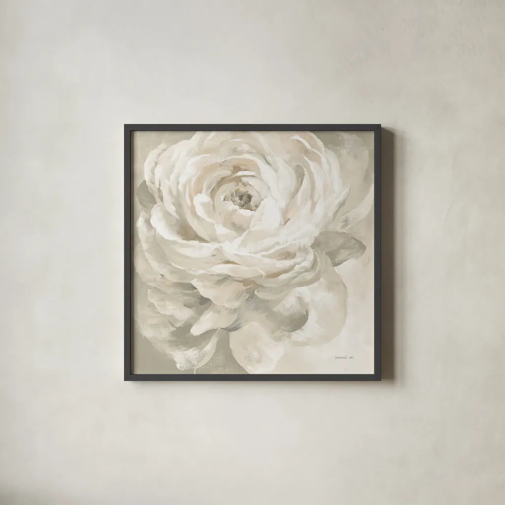 White Rose Gray by Danhui Nai. Shown in a sleek black glass frame for a contemporary gallery look. Available as an archival giclee rolled canvas, fine art paper, or poster print. SKU 77170a.