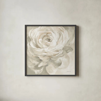 White Rose Gray by Danhui Nai. Shown in a sleek black glass frame for a contemporary gallery look. Available as an archival giclee rolled canvas, fine art paper, or poster print. SKU 77170a.