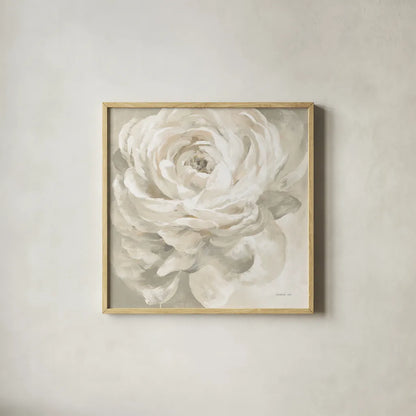White Rose Gray by Danhui Nai. Shown in a natural wood glass frame for a timeless modern aesthetic. Available as an archival giclee rolled canvas, fine art paper, or poster print. SKU 77170a.