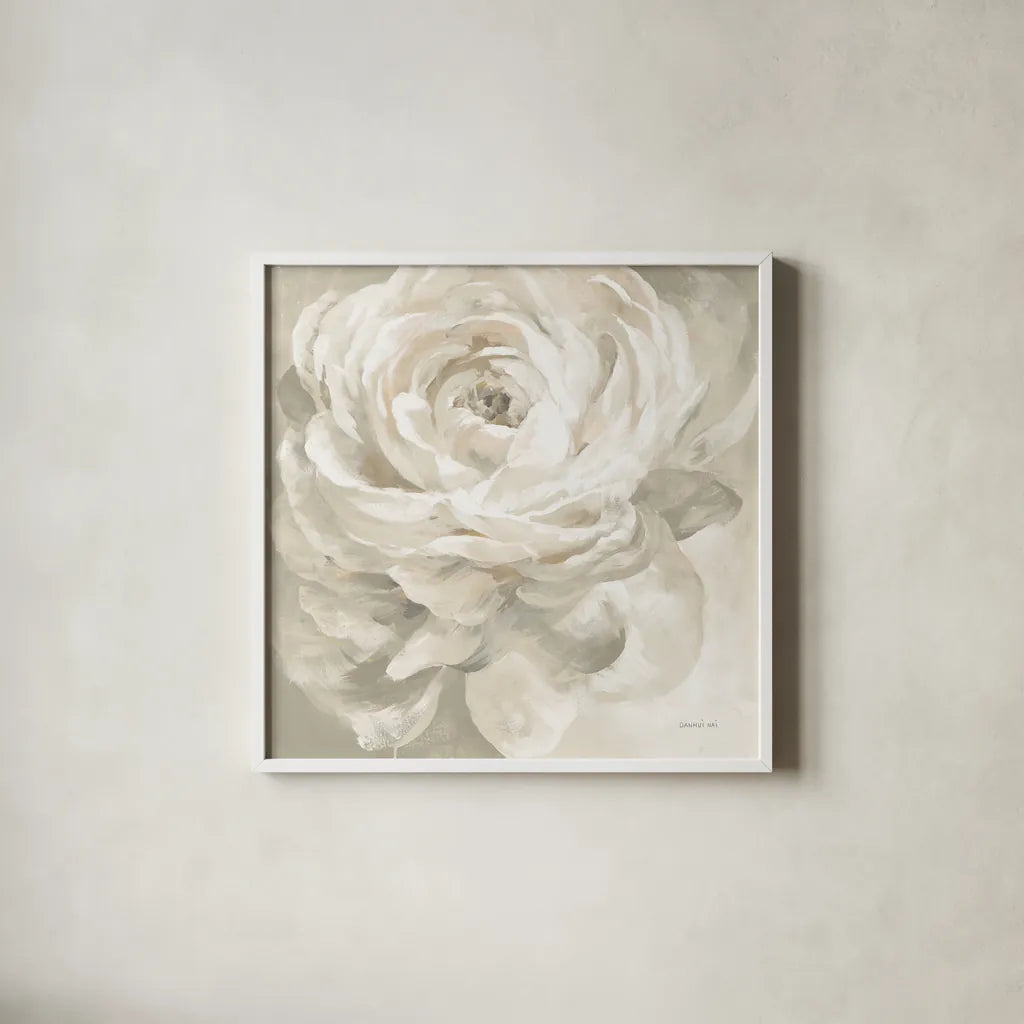 White Rose Gray by Danhui Nai. Shown in a crisp white glass frame for a clean and minimalist style. Available as an archival giclee rolled canvas, fine art paper, or poster print. SKU 77170a.