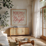 White and Bright Christmas I on Wood by Danhui Nai. Shown in a natural wood frame in a cozy modern living room. Available as an archival giclee rolled canvas, fine art paper, or poster print. SKU 65626a.