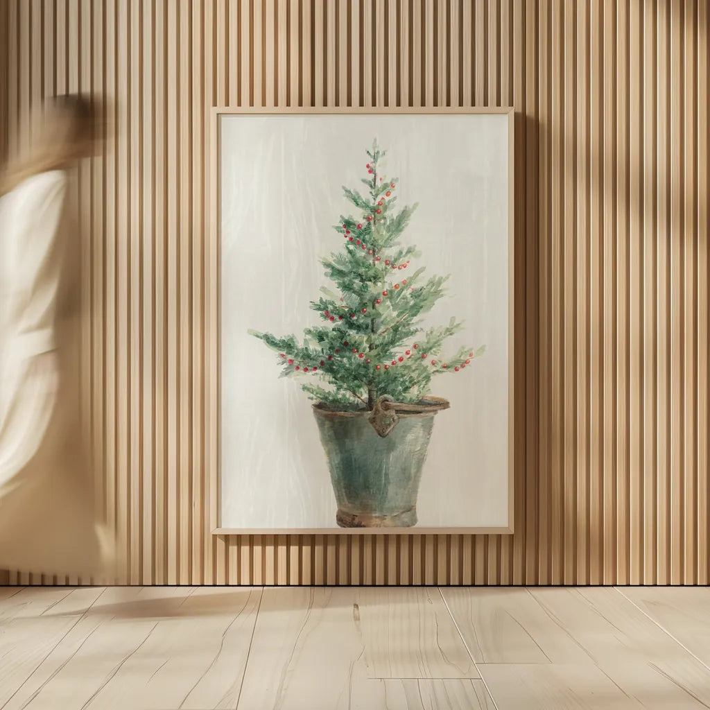 White and Bright Christmas Tree I by Danhui Nai. shown as over sized large wall art. Available as an archival giclee rolled canvas, fine art paper, or poster print. SKU 65632h.