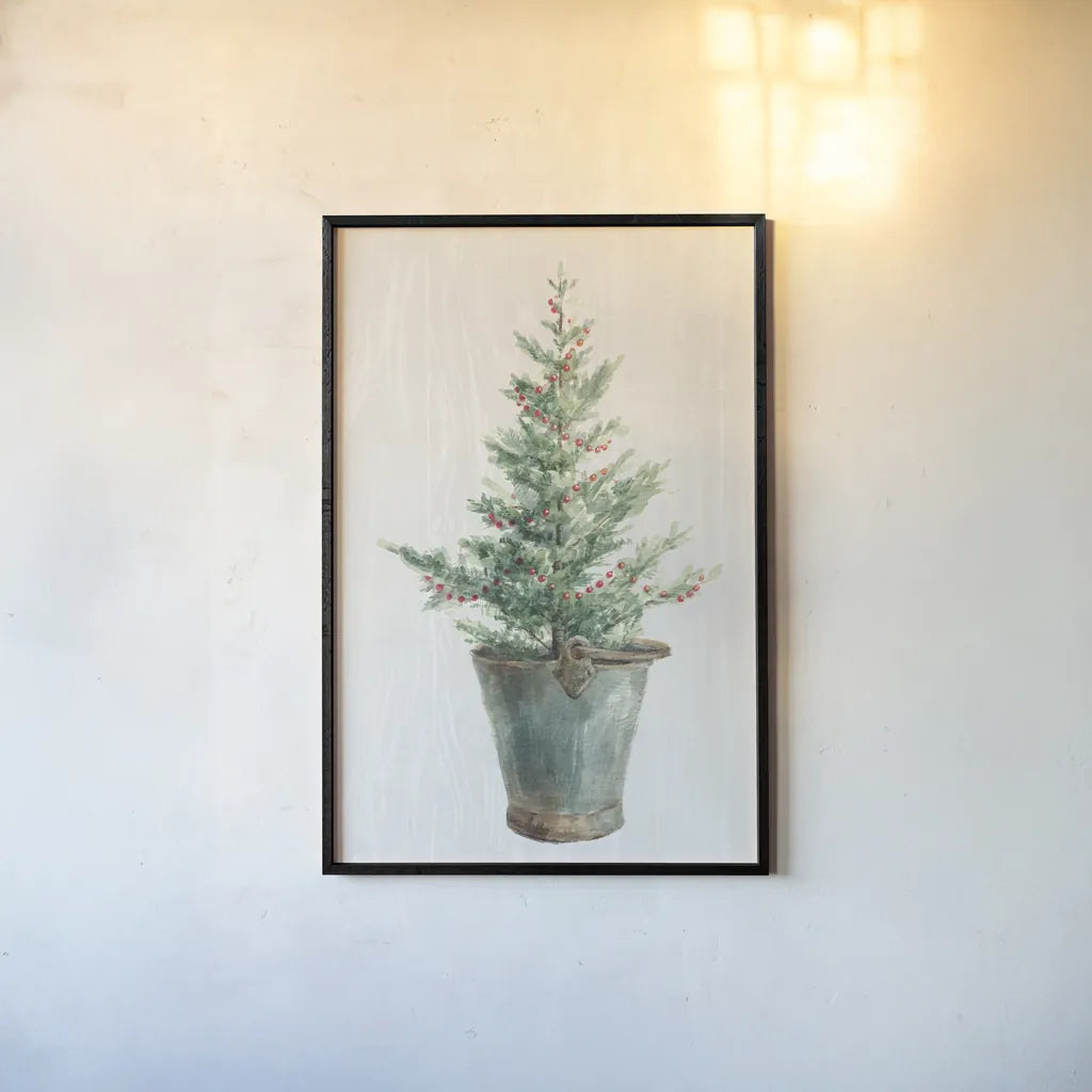 White and Bright Christmas Tree I by Danhui Nai. shown as a paper print in a black flame. Available as a archival giclee rolled canvas, fine art paper, or poster print. SKU 65632h.